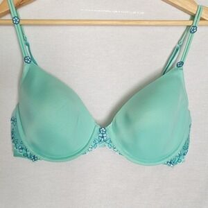 Victoria's Secret Angels Bra Green Blue Floral Embroidery Full Coverage 38C